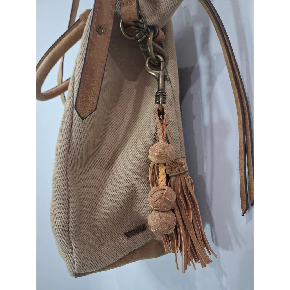 Elle Jae Gypset Tan Canvas Whipstitch Tote Bag Satchel‎ with Tassel Charm